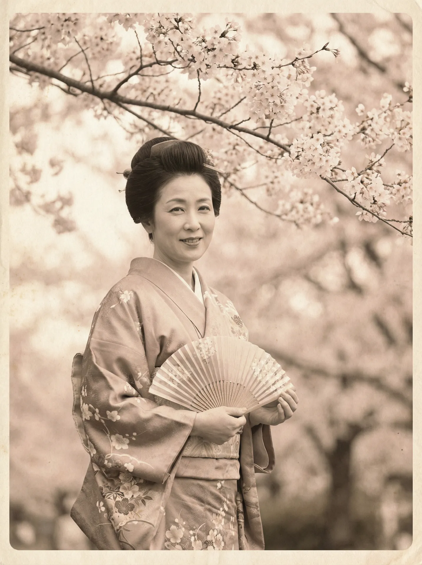 一位持扇的优雅 美乃雀 在樱花树下的复古写真