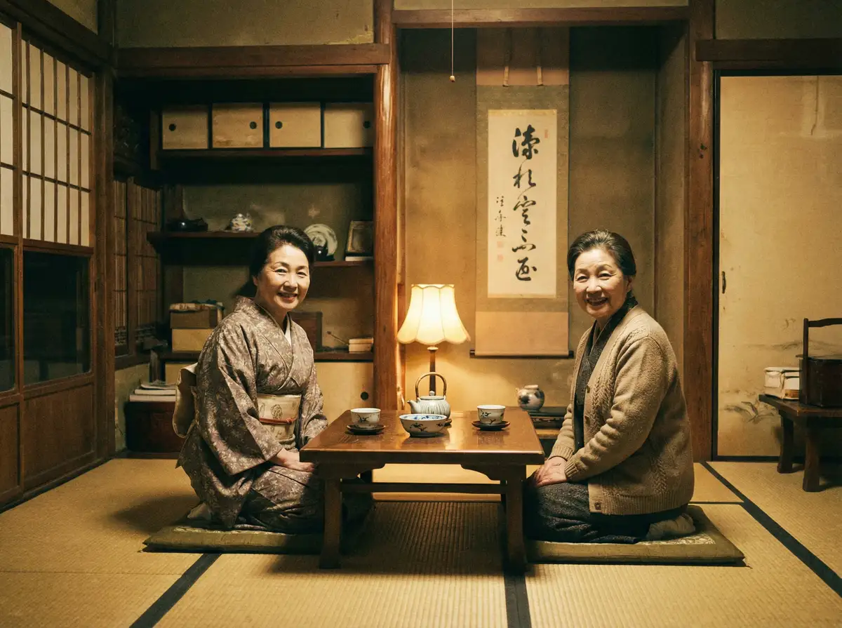 两位优雅的 美乃雀 在日式茶室中品茶交谈